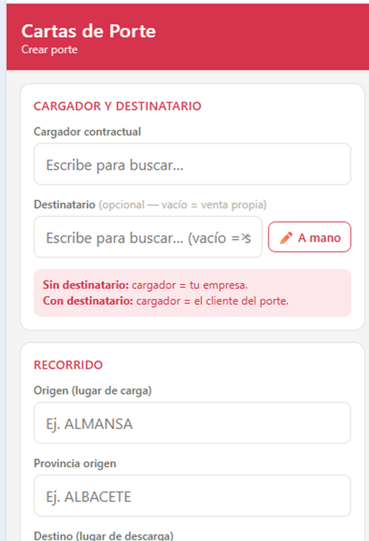 Pantalla de creación de un porte