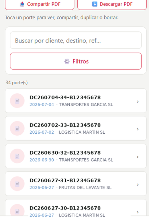 Histórico de portes guardados